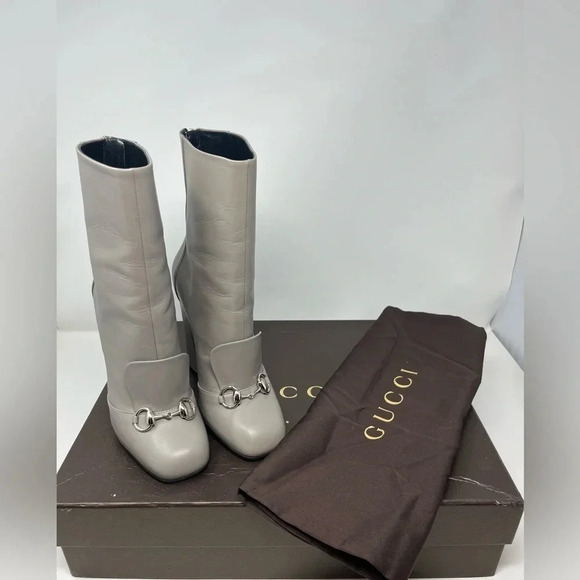 Gucci Leather Twiggy Horse-bit mid calf Boot high heel storm Grey size 37.5 - Picture 11 of 12
